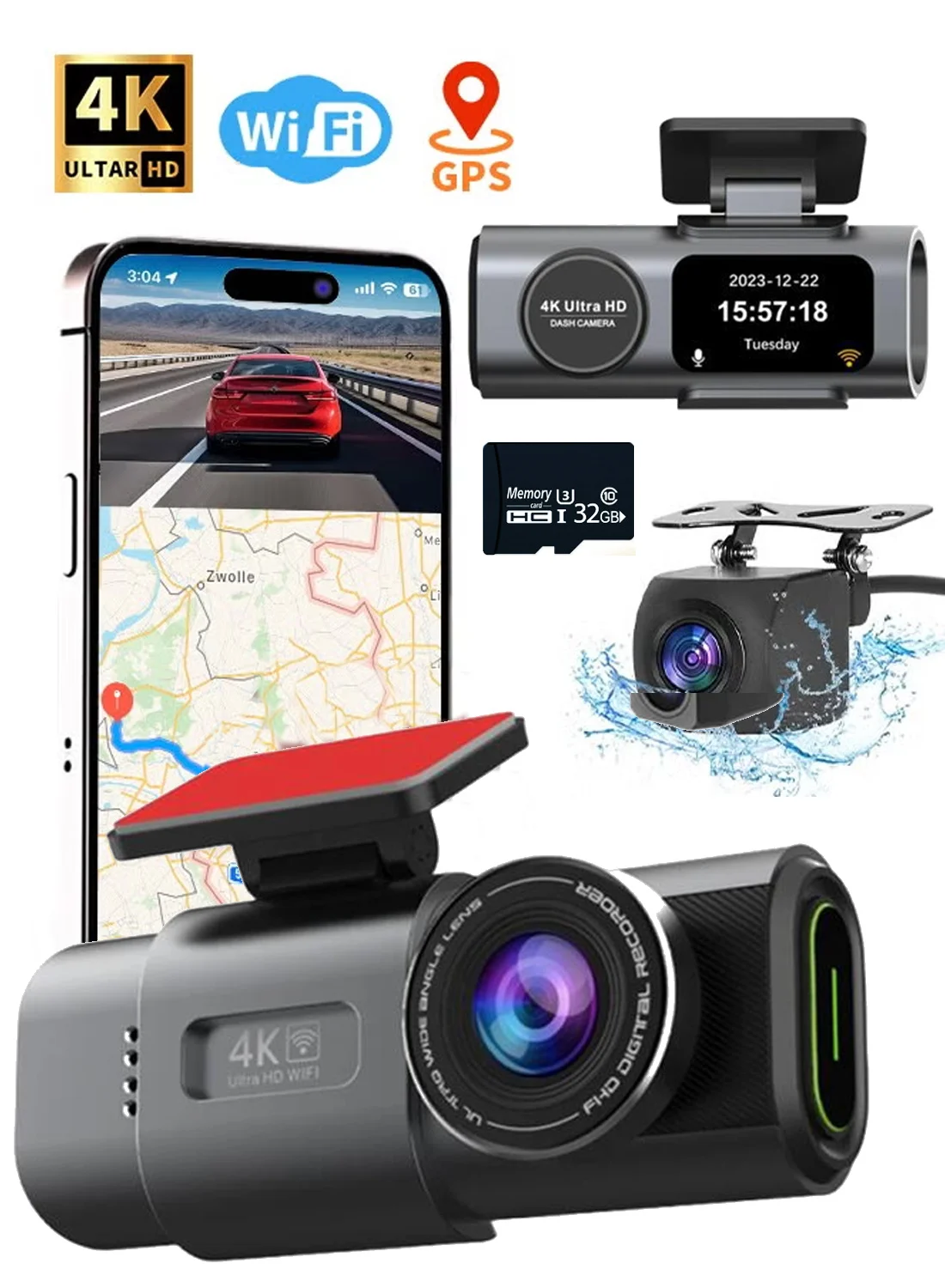 X-level 4K Dash Cam Dual Lens Front and Rear Recording System with GPS and Night Vision (32GB SD Card Included) 9vk5g