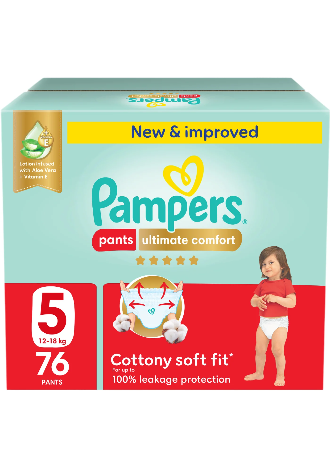 Premium Comfort Pant Diapers Size 5 (12-18 kg, 76 Count) Infused with Aloe Vera and Vitamin E for Sensitive Skin 1sm80