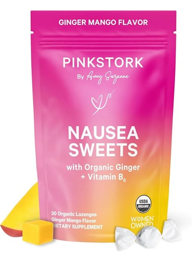 Pink Stork Organic Nausea Relief Lozenges with Ginger and Vitamin B6 for Morning Sickness Support (Mango, 30 Lozenges) 3dg14