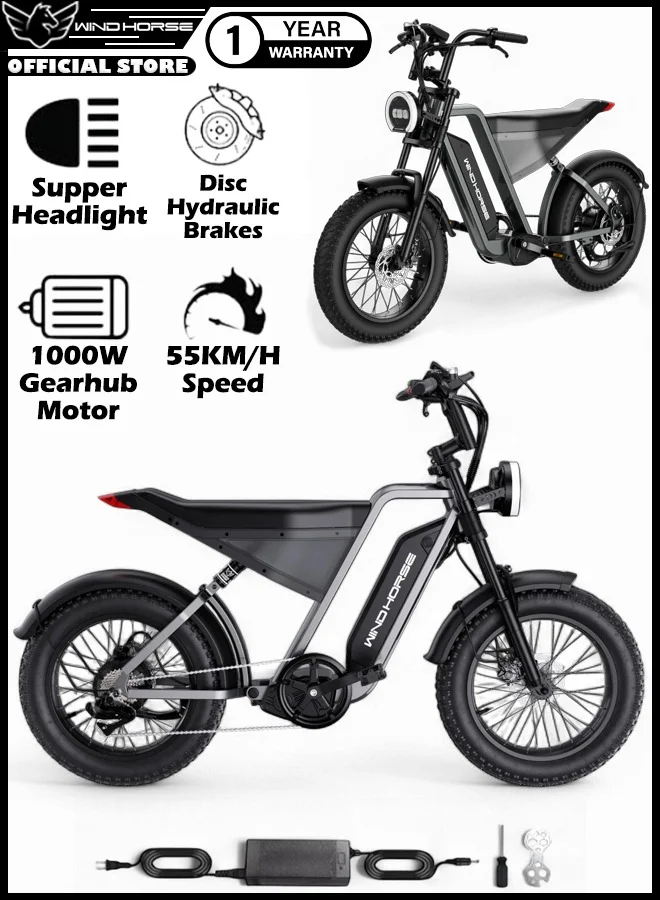 Wind Horse Electric Mountain Bike 1000W Motor 48V 18Ah Battery (20-Inch Fat Tires, 7-Speed, Alloy Steel) t9895