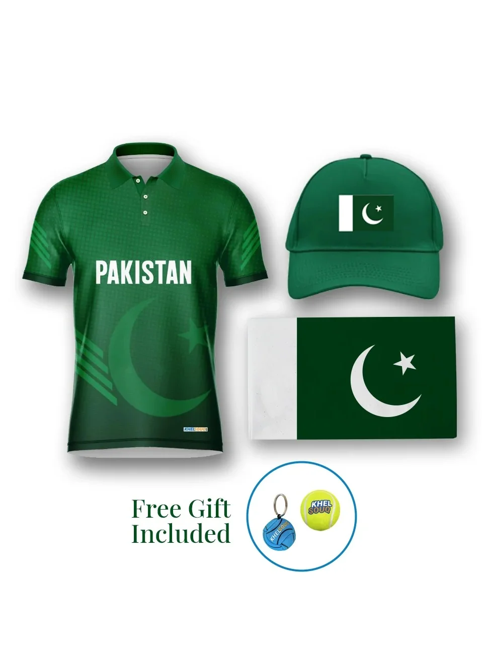 Khelsouq Pakistan Cricket Fan Jersey Set with Cap and Flag (Adult, Unisex) sy2kx