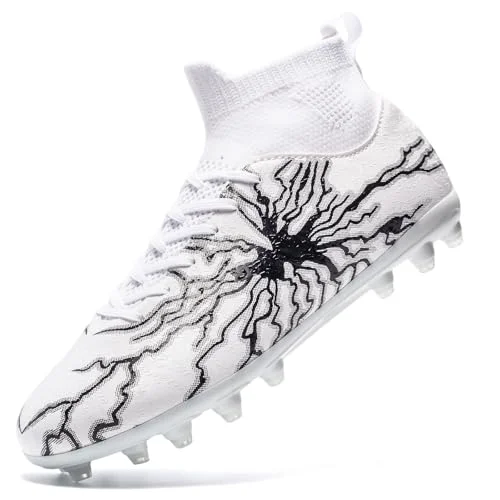 Professional High-Top Soccer Cleats Lightweight Turf Athletic Shoes for Men and Youth (White, 11) 3kuh1