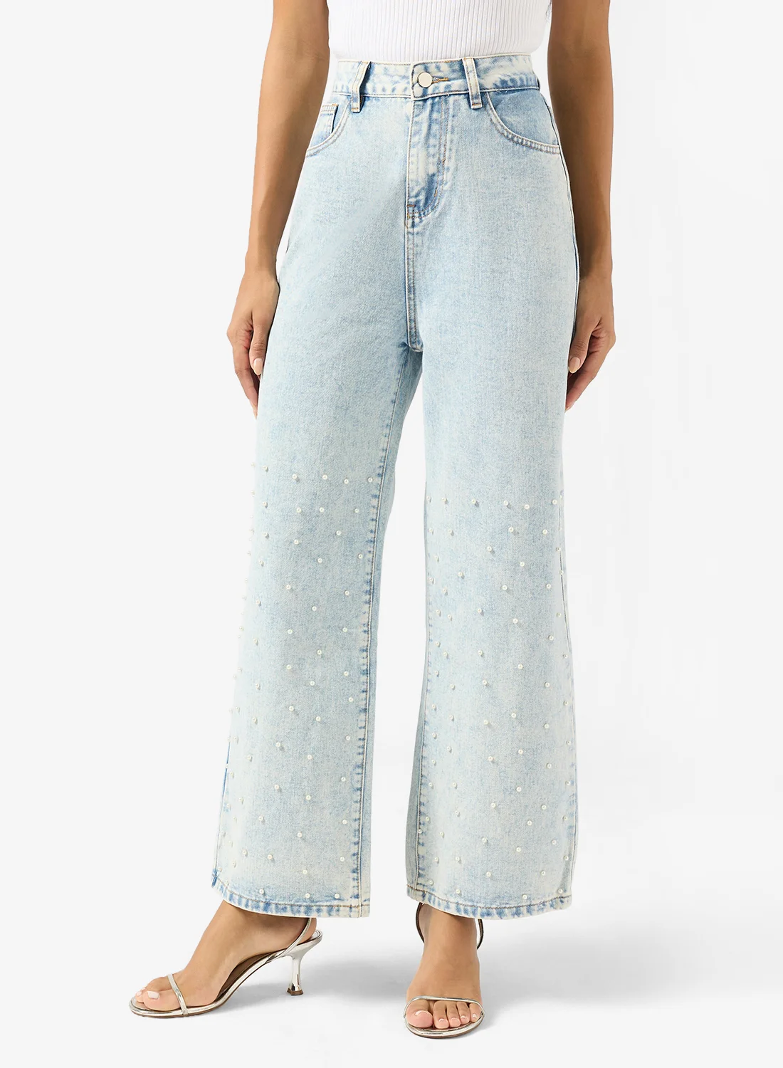 Ginger Rhinestone Embellished Straight Fit Jeans Premium Denim Trousers for Women (Blue, 38) ggdyx