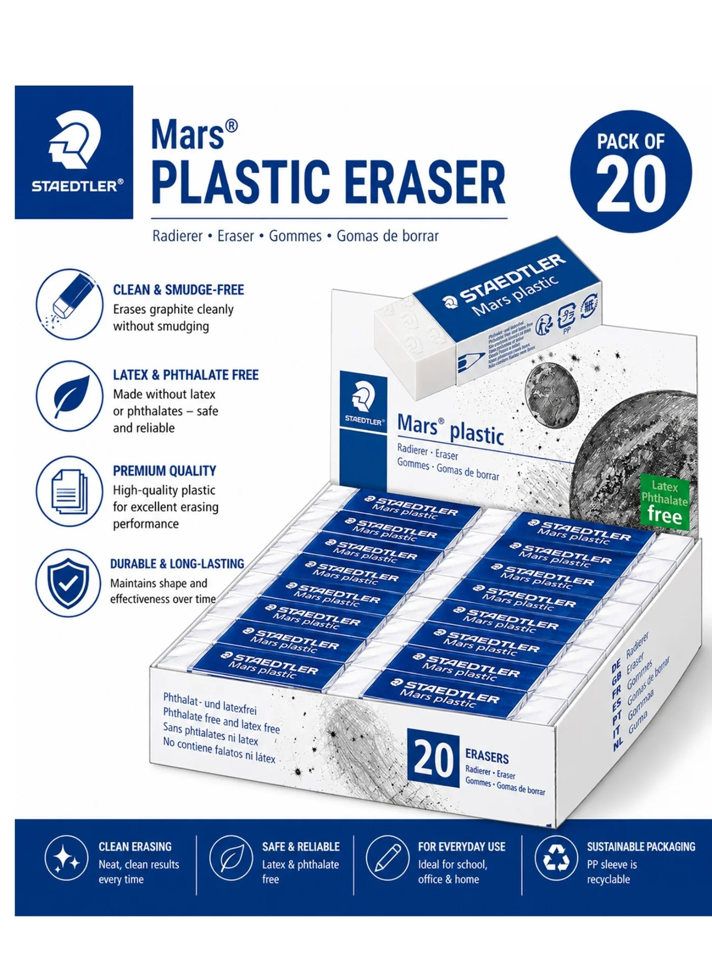 Premium Plastic Pencil Eraser Set (20-Piece Pack) - Professional Stationery for Office and School 42bdg