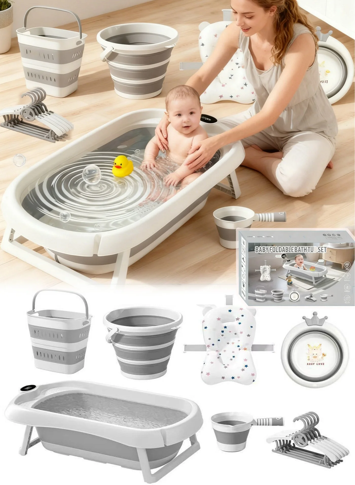 MissTiara Foldable Baby Bath Tub Set with Digital Thermometer & Safety Net (8-Piece, Portable, Non-Slip, For Newborns to Toddlers) dt28f