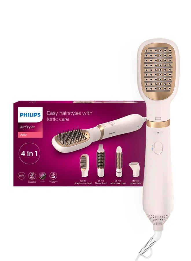 Professional 4-in-1 Hair Dryer and Volumizing Styler with Ionic Care and 4 Attachments (White, 800W) sxuxv