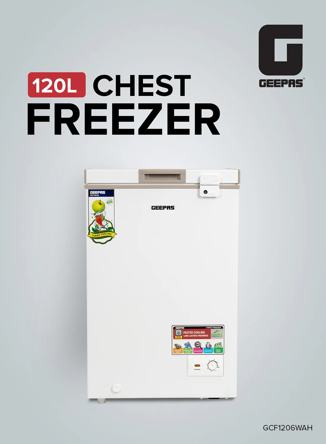 GEEPAS Freestanding Chest Freezer with Adjustable Thermostat and LED Light (White, 120L) uao0o
