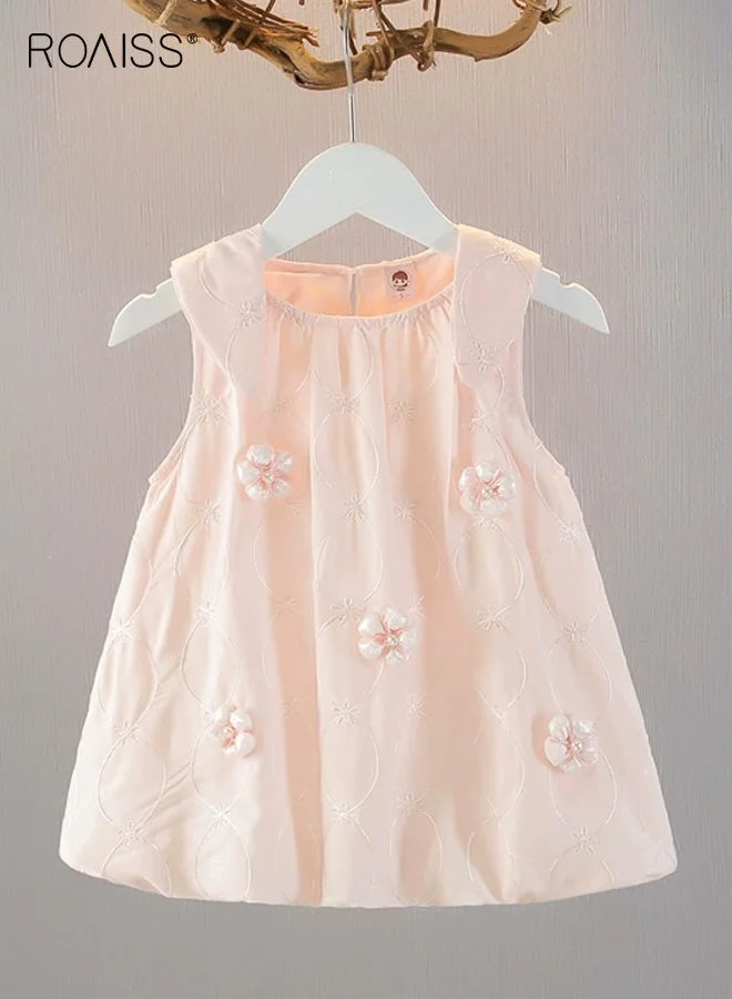 Roaiss Girls Summer A-Line Dress with 3D Floral Applique, Elegant Sleeveless Tank Frock for Daily Wear (Pink, 120cm) 3okpo