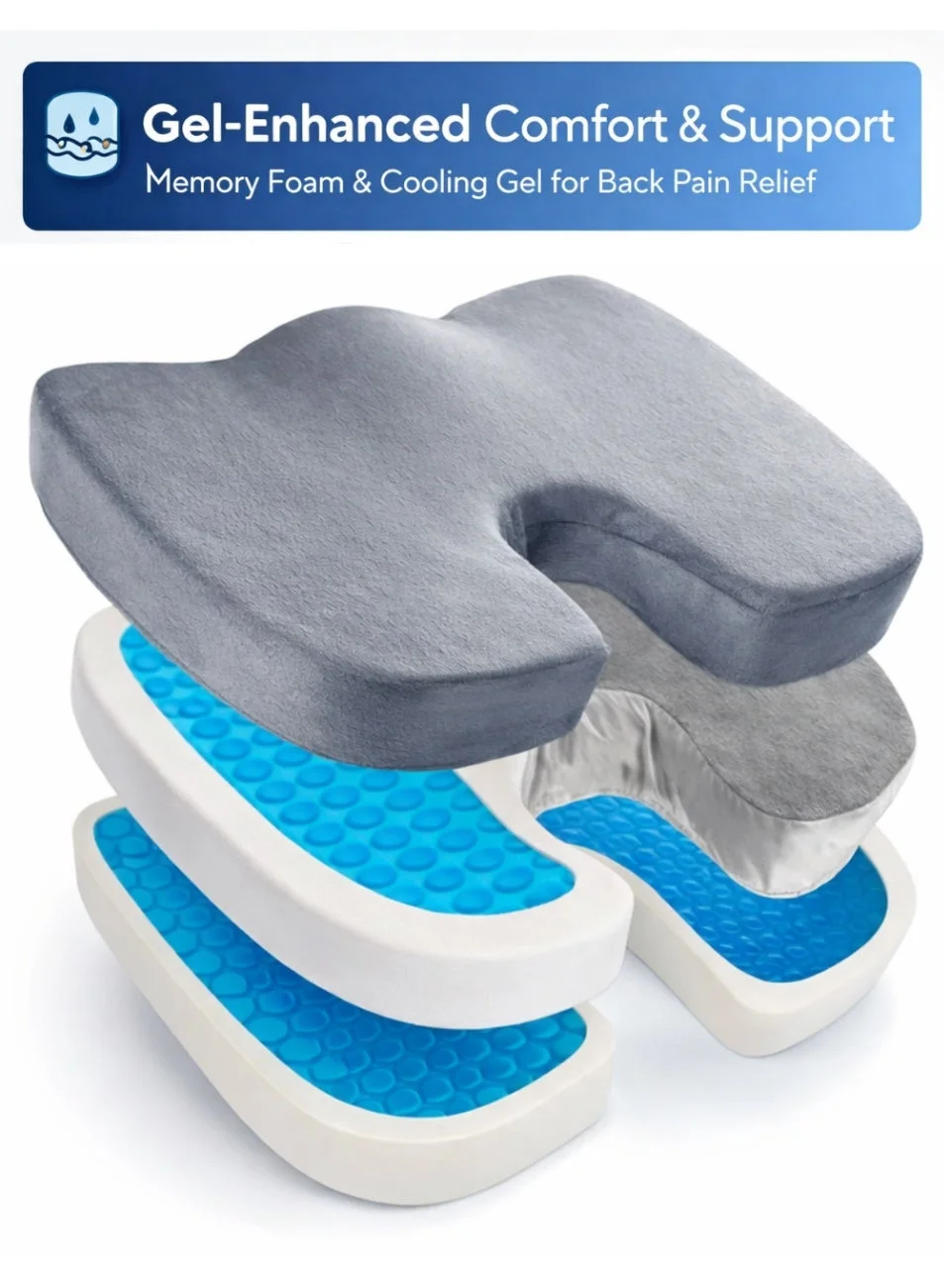 Bannuti Gel-Enhanced Memory Foam Seat Cushion (Non-slip, Ergonomic Support for Office Chair and Car Seat, 45 x 35 x 7 cm) wv56z