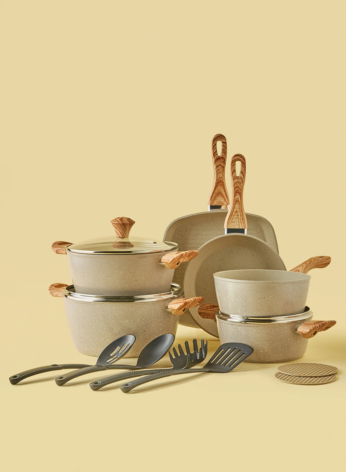 Noon East 15-Piece Aluminum Cookware Set Non-Stick Pots and Pans with Wood Finish Handles and Tempered Glass Lids (Beige, 15-Piece) dbv5w