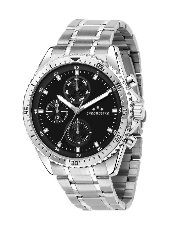 Chronostar Men's Chronograph Watch with Silver Stainless Steel Band (Black Dial, 43.5mm) ctvvk