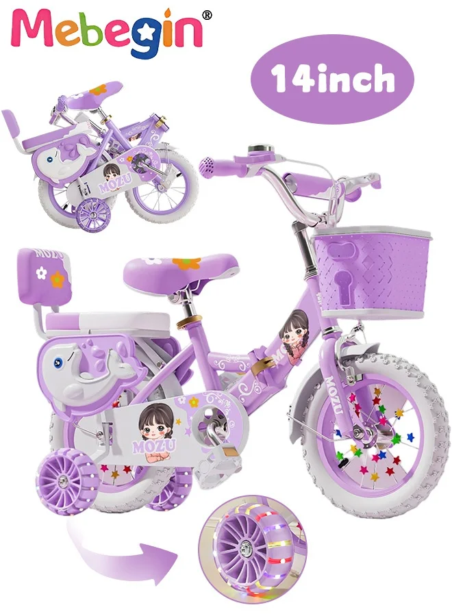 MEBEGIN Foldable Kids Bicycle with Luminous Training Wheels, Adjustable Saddle, Handbrake and Basket (14 Inches) rt8dx