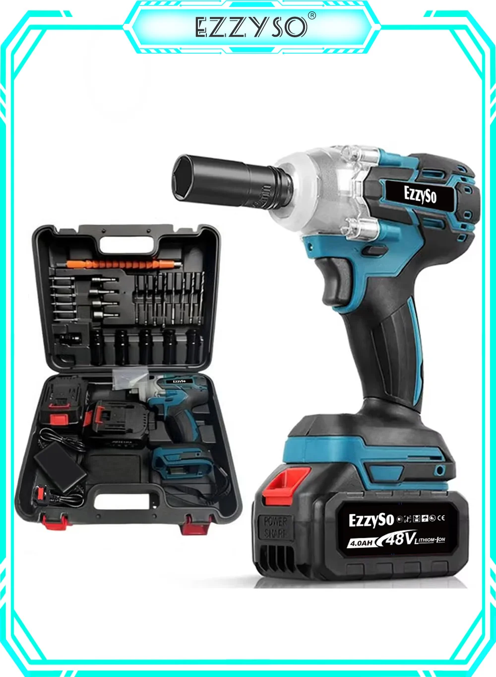 EzzySo 48V Brushless Lithium-Ion Impact Wrench Set (High Torque, Professional Grade, Multi-Functional Tool Kit) c58cw