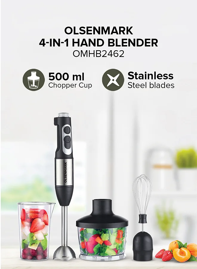 Olsenmark 4-in-1 Hand Blender with Powerful Copper Motor (2 Speed Modes, Black/Silver) x5va0