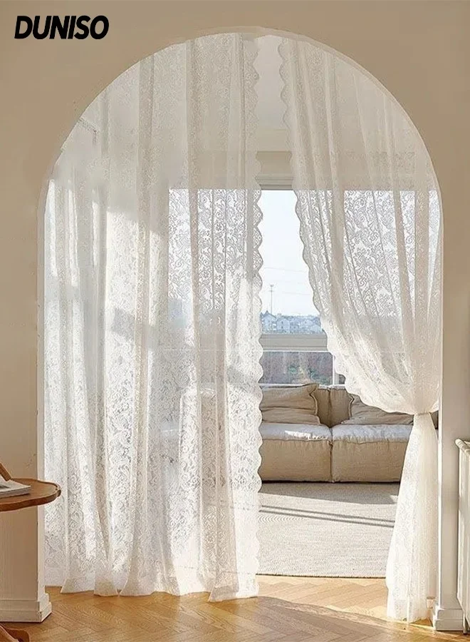 DUNISO Lace Sheer Curtains Set (Pearl White, 145 x 190 cm) Light Filtering Window Drapes with Velcro for Living Room Bedroom 2oibg
