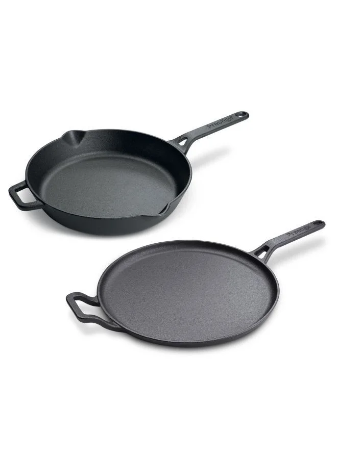 Premium Pre-Seasoned Cast Iron Cookware Set (28cm Dosa Tawa and 26cm Fry Pan) Induction Compatible Kitchen Utensils, Black clype