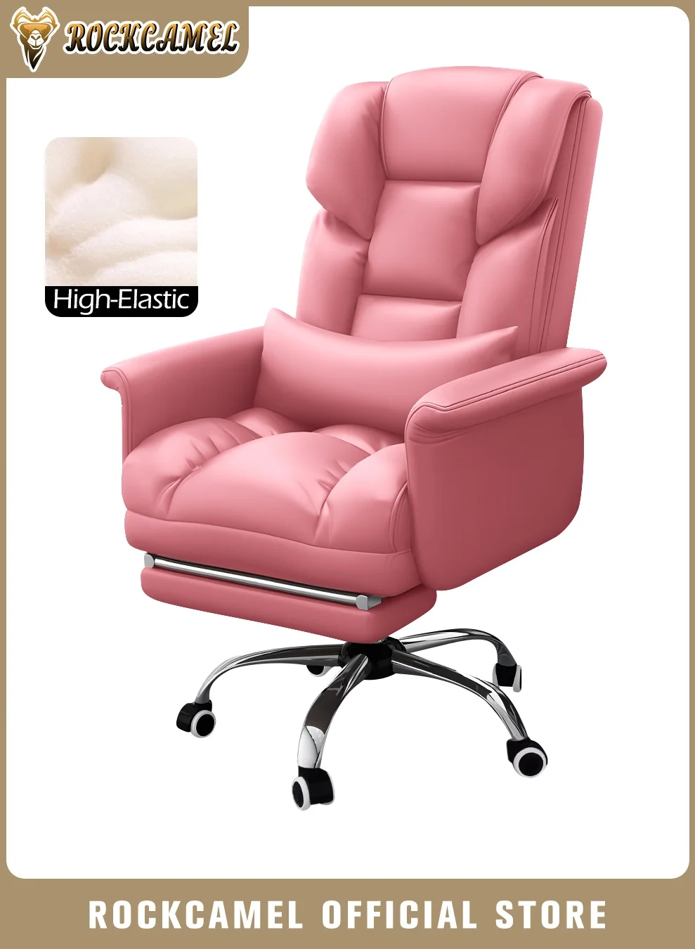 ROCKCAMEL Ergonomic Executive Office Chair with Lumbar Support and Retractable Footrest, Premium PU Leather High Back Computer Desk Chair (Pink) jtvwa
