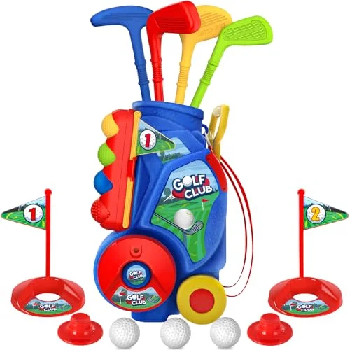 SUPER JOY Toddler Golf Set with Cart 4 Clubs and 8 Balls (Indoor Outdoor Sports Toy for Kids) ltj9y