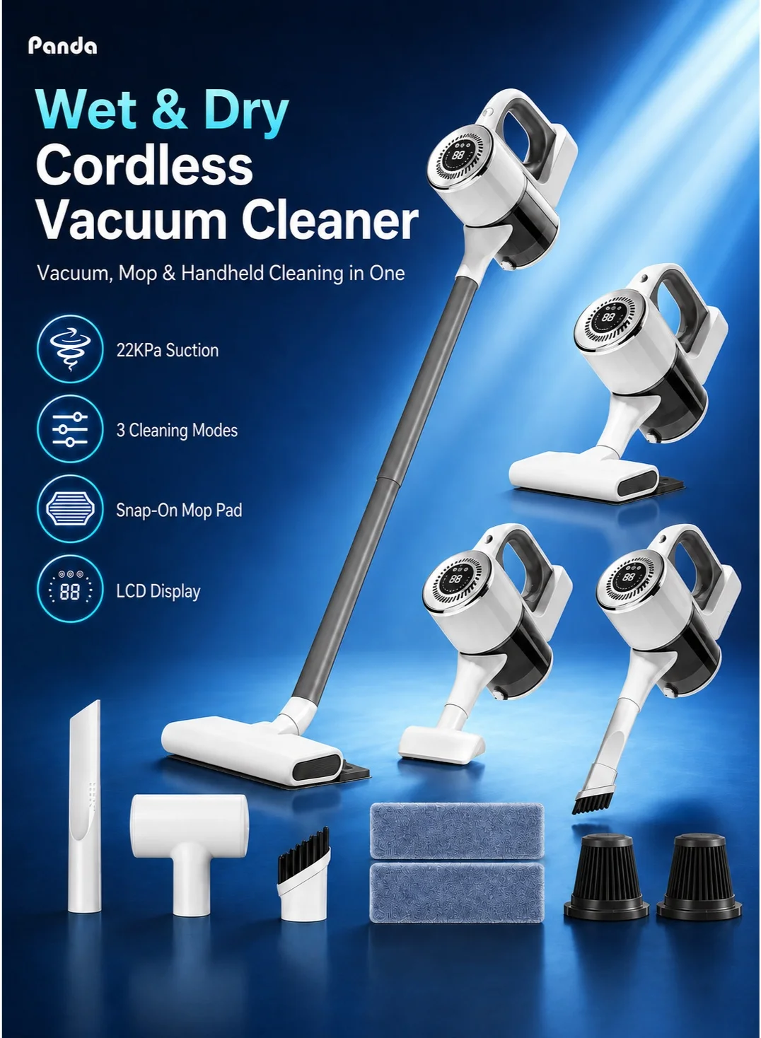 Panda Cordless Wet Dry Vacuum Cleaner, 22KPa Stick Mop with LCD Display and HEPA Filtration for Hard Floors (100W) 2u3gy