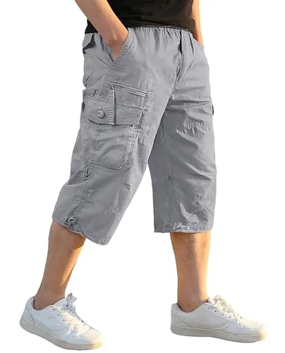 EKLENTSON Men Cargo Shorts Elastic Waist Outdoor Work Hiking Fishing Apparel (Light Gray, 34) wh43c