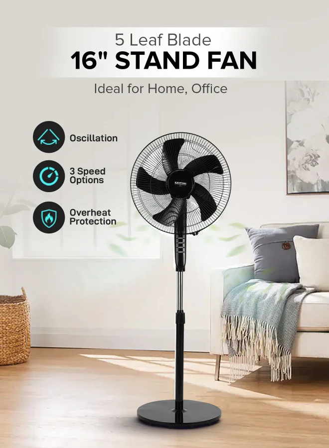 KRYPTON 16-Inch Stand Fan with 5-Leaf Blades, 3-Speed Control, Adjustable Height, Powerful 50W Motor, Oscillating Cooling Fan for Home and Office (Black, 40 cm) 4ataw