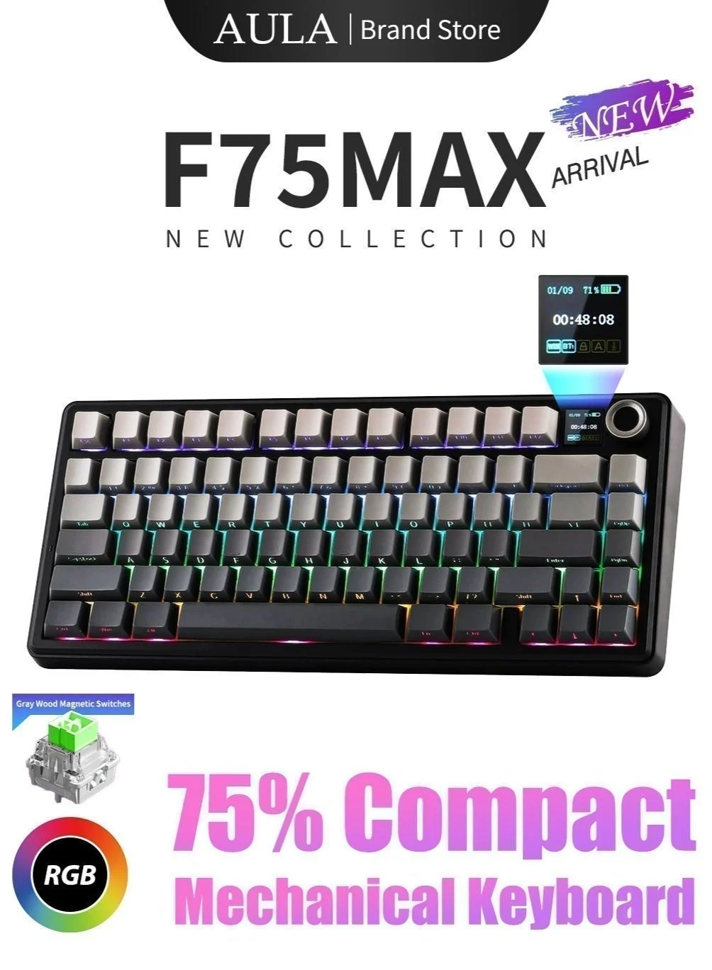 AULA F75 MAX Mechanical Gaming Keyboard 75% Layout Hot Swappable RGB Wireless Keyboard with TFT Screen and Knob (Black, 32 cm) 19hep