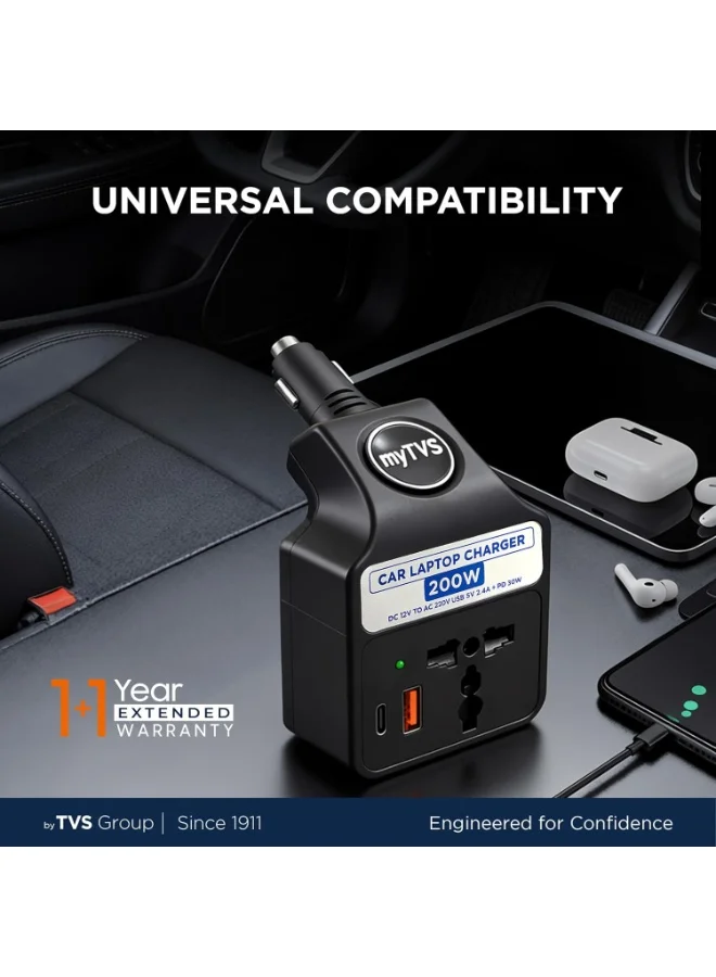 Premium 200W Car Power Inverter with Universal AC Socket and USB-A Type-C Ports for Laptop and Mobile Devices (1 Unit) 04hih