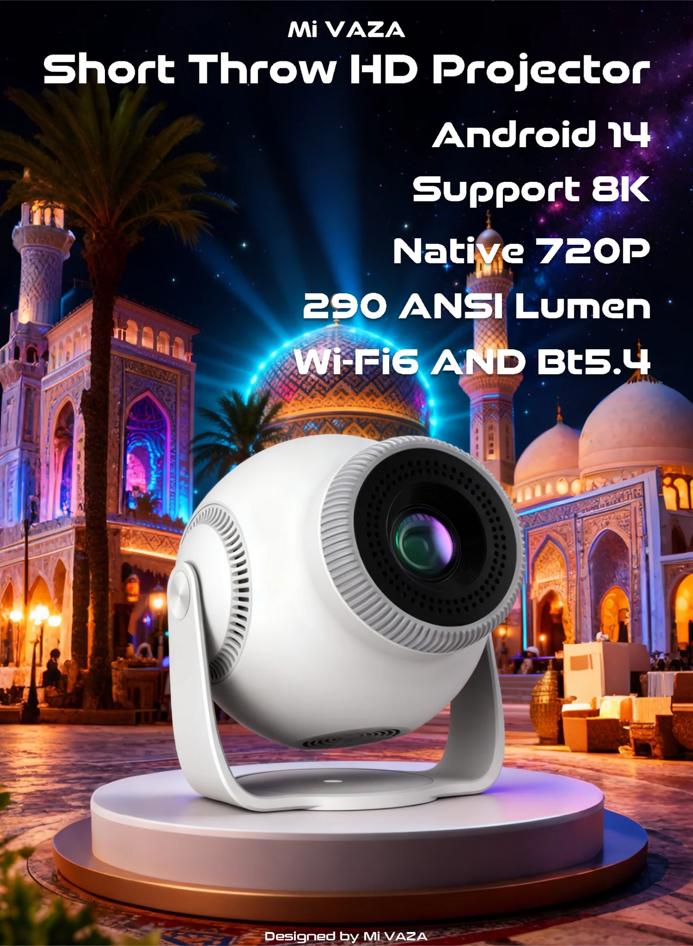 Mi VAZA Portable Short Throw Projector 8K Support 290 ANSI Lumens with Android 14 Auto Keystone Correction 5G WiFi 6 Bluetooth 5.4 for Home Theater zjwea
