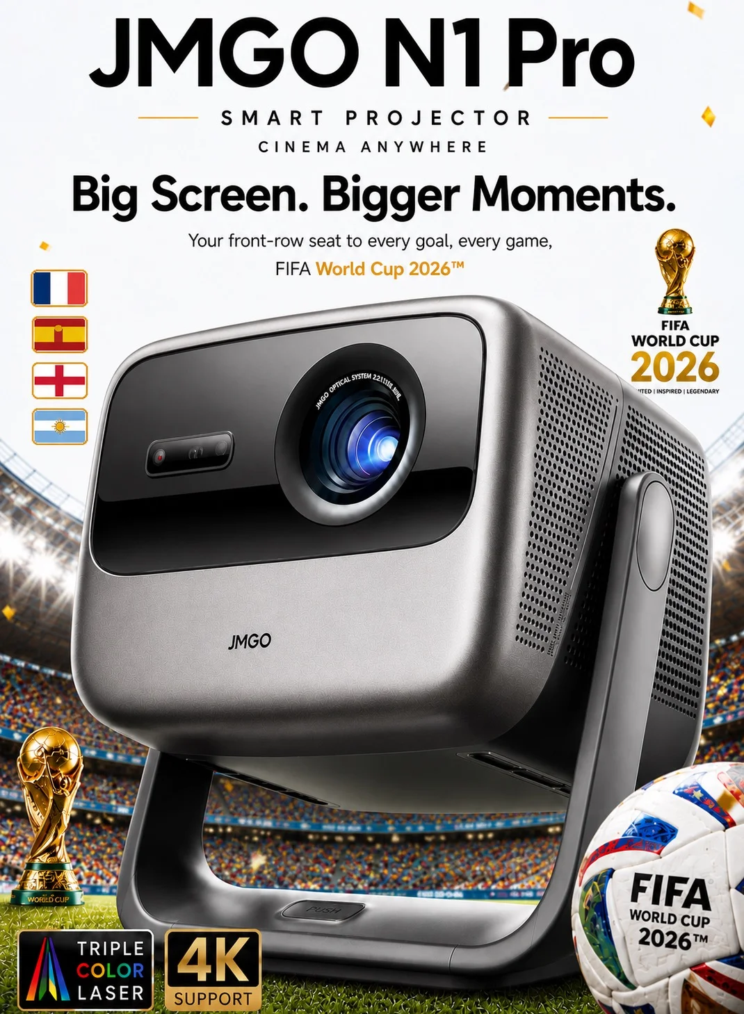 JMGO N1 Pro Triple Laser Projector 4K HDR10 Smart Home Cinema System (3200 ANSI Lumens, Android TV 11, Wi-Fi 6) 5r552