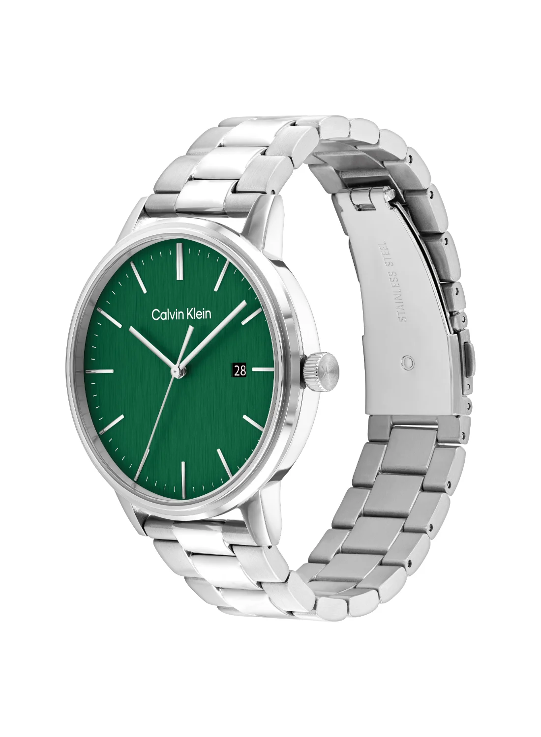 Premium Round Analog Quartz Watch with Green Case and Stainless Steel Band for Men eik64