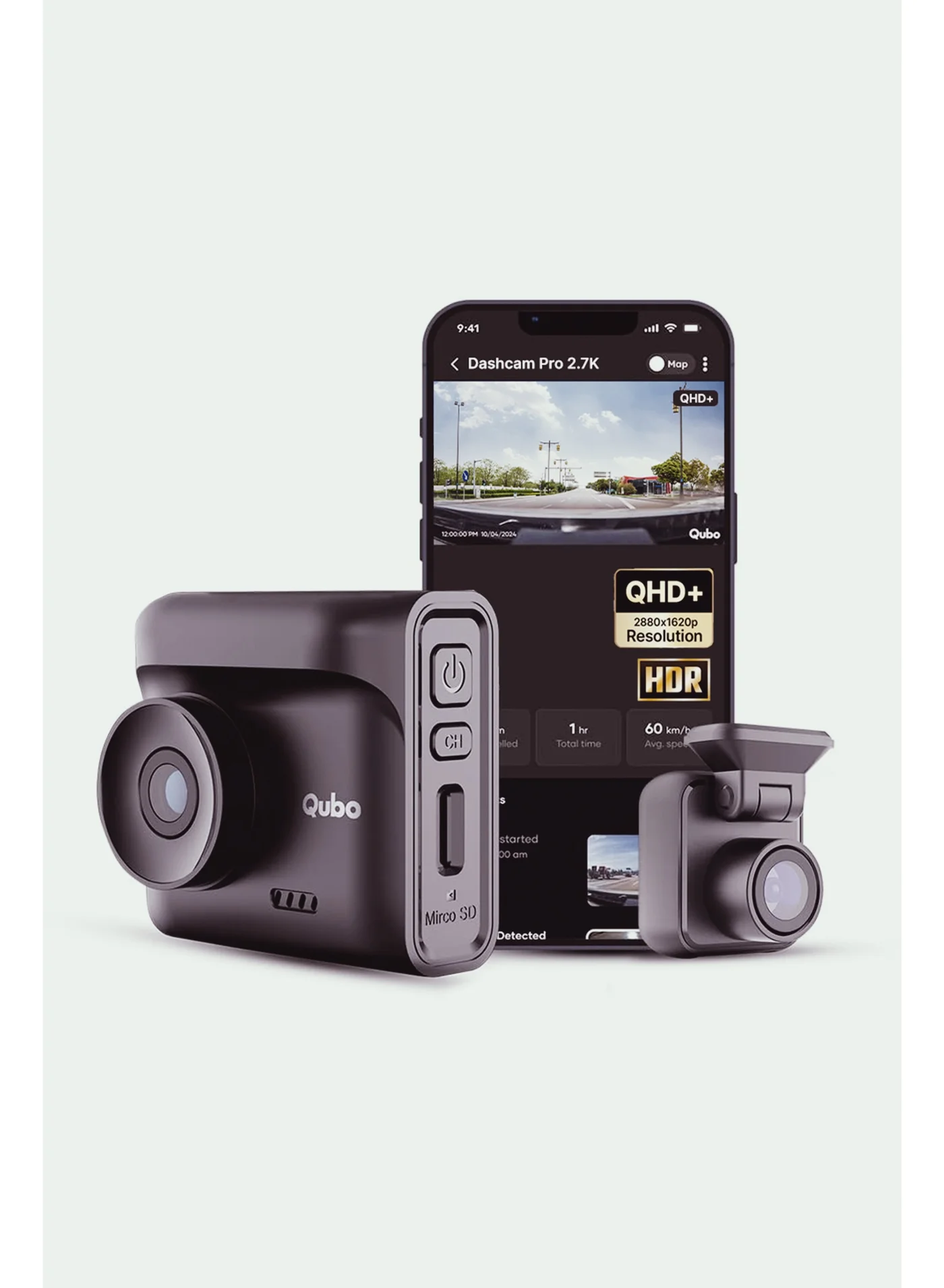 Premium Dual Channel Car Dashcam 2.7K QHD Front and FHD Rear Camera System with Night Vision, Built-in GPS, Wi-Fi, and 2-inch LCD Display 55psv