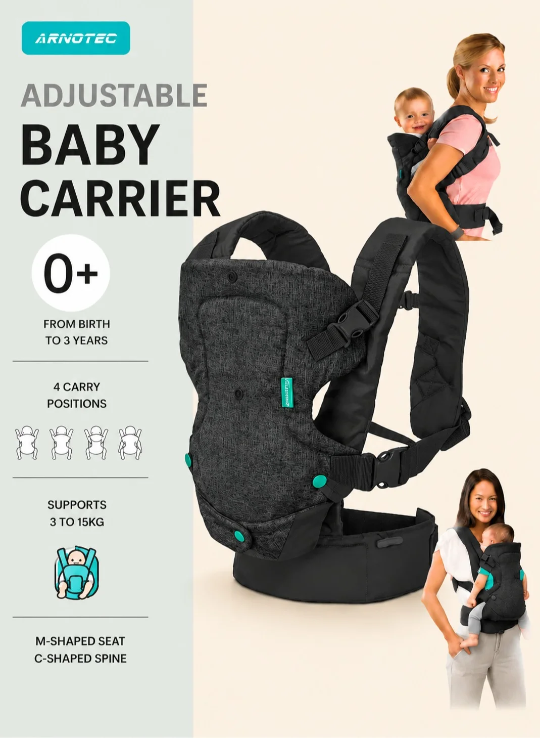 ARNOTEC 4-in-1 Multifunctional Baby Carrier Ergonomic Adjustable Design for Newborns (Up to 3 Months) 3jqn3