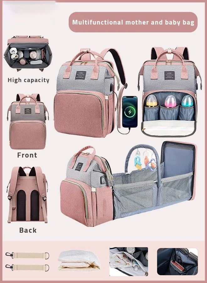Bukela Diaper Bag Backpack with Changing Station, 7-in-1 Foldable Travel Organizer, Waterproof Multifunction Baby Care Bag with USB Port (Pink-Gray, 40x30x20 cm) z3uxy
