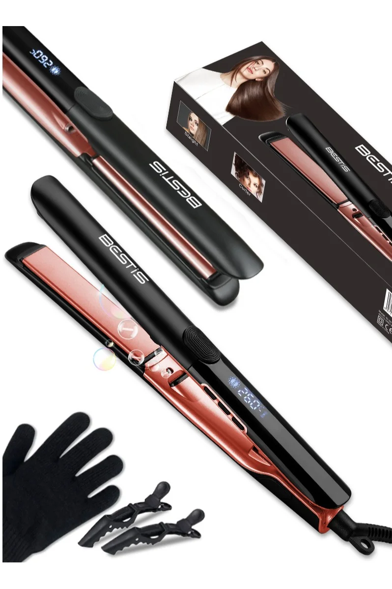 BESTIS 2-in-1 Ceramic Hair Straightener and Curler Professional Ionic Flat Iron with 15 Temperature Settings and Floating Plates (260¡ãC) i62cr