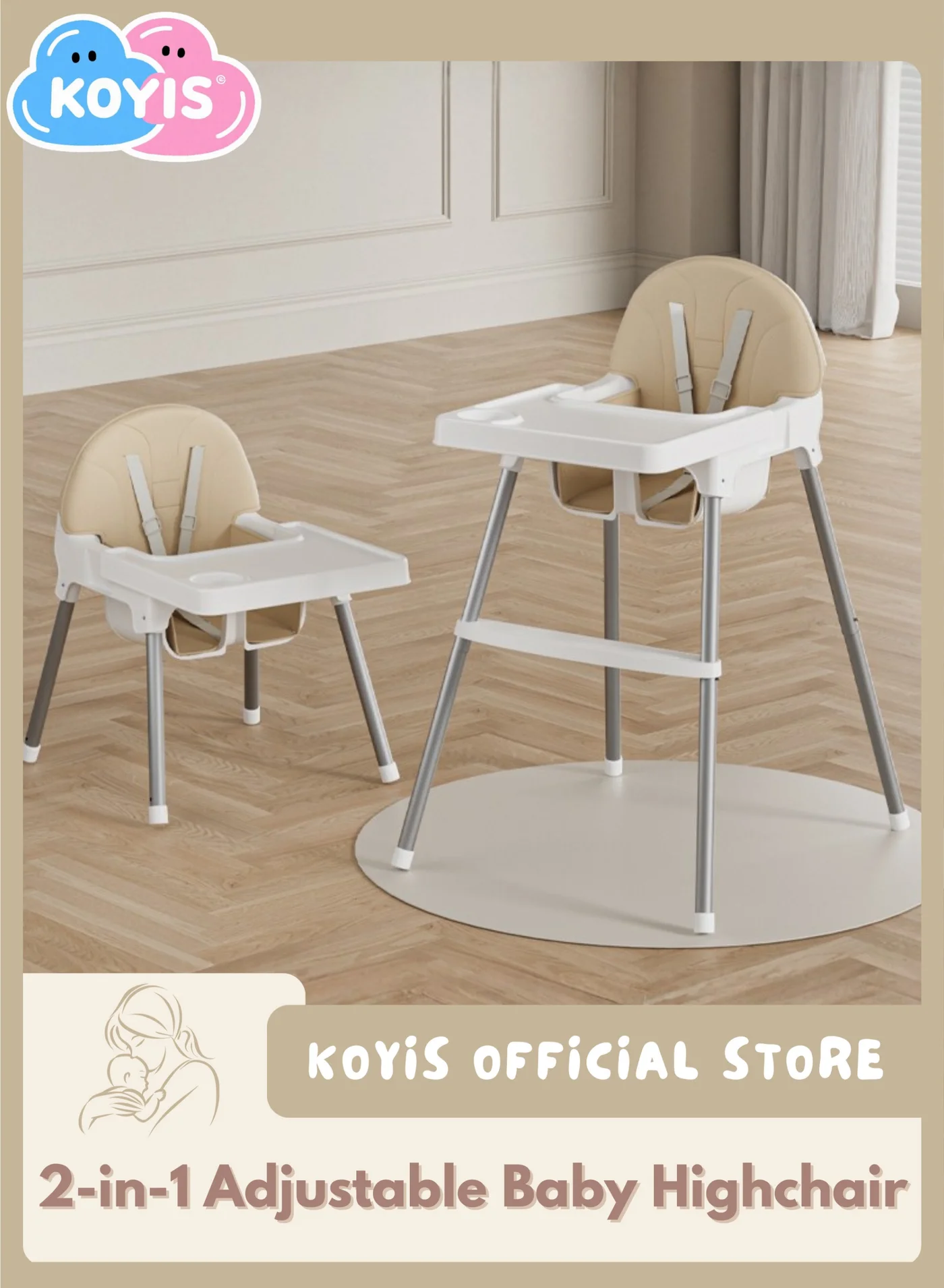 KOYIS 2-in-1 Baby High Chair Adjustable Height Feeding Seat with Safety Belt and Tray (White) bhbdf
