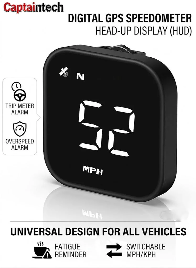 Captaintech Universal GPS Head Up Display Speedometer Digital Speed Gauge with Overspeed Alarm and Fatigue Reminder for Cars (Black) ra0af