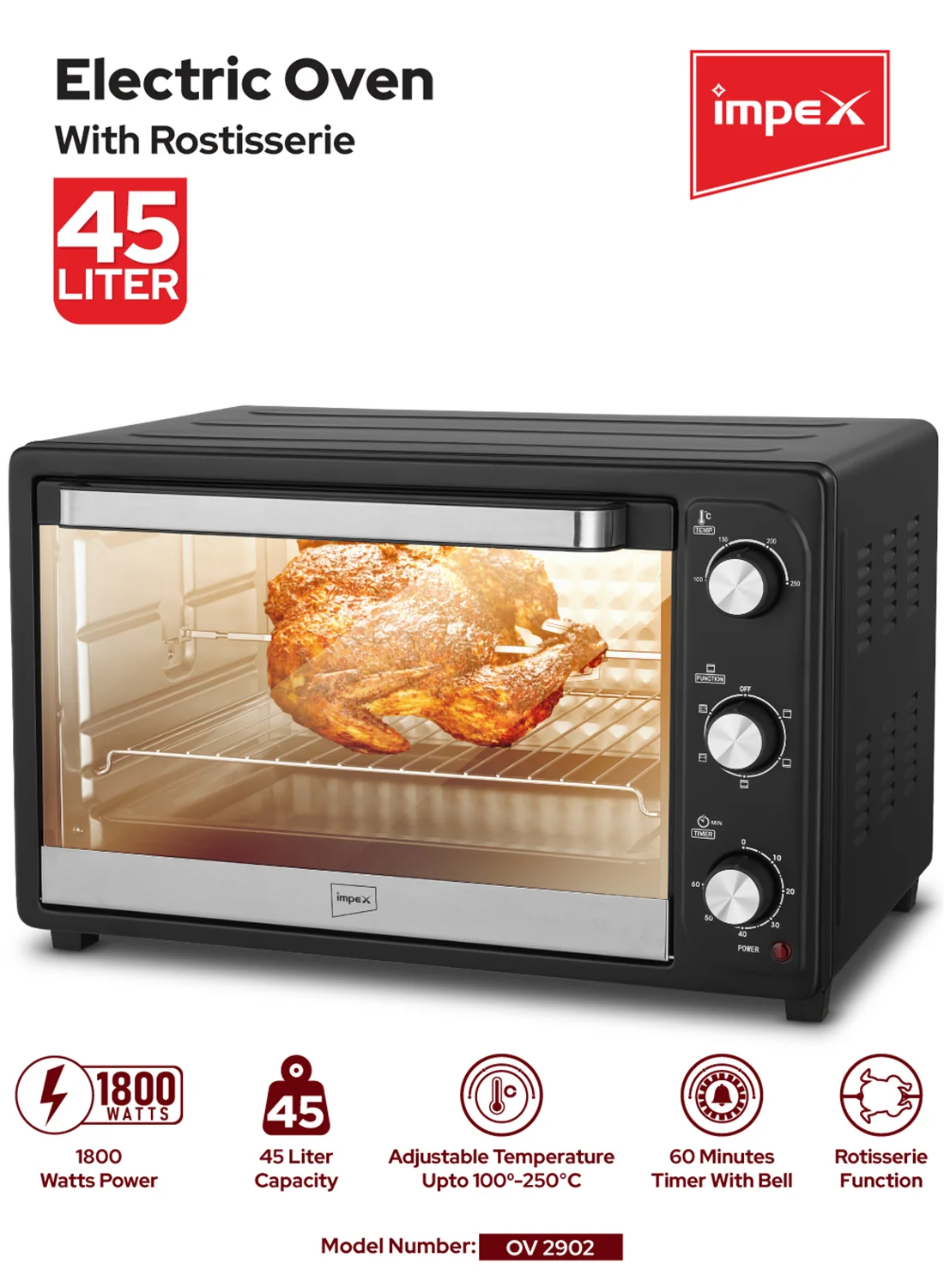 Impex 45L Electric Oven with Rotisserie and Adjustable Temperature Control (1800W, Black/Silver) w00o4