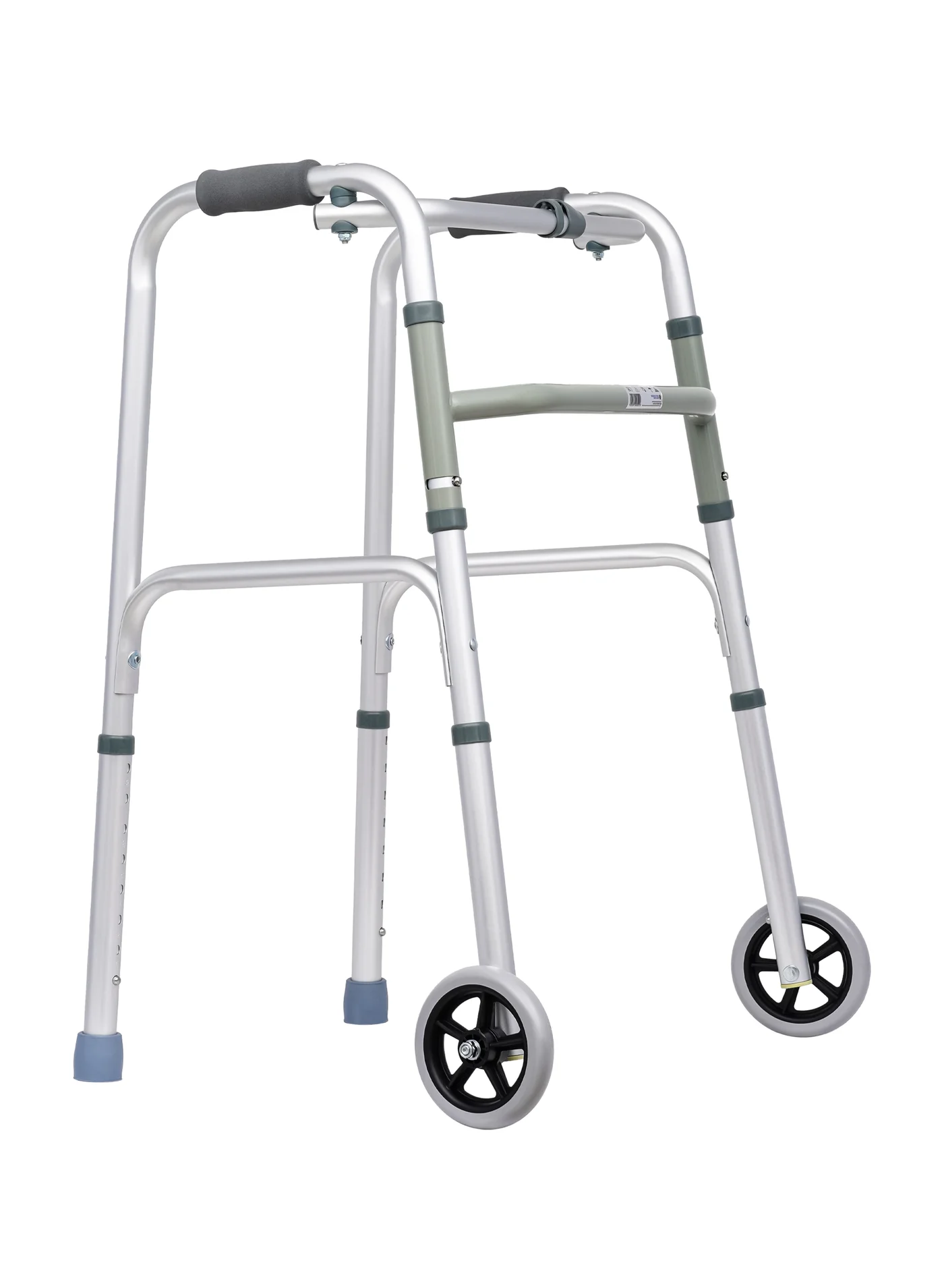 AID PLUS Folding Lightweight Aluminium Mobility Walker with Wheels and Adjustable Height (Premium Silver, 1 Unit) b3osf