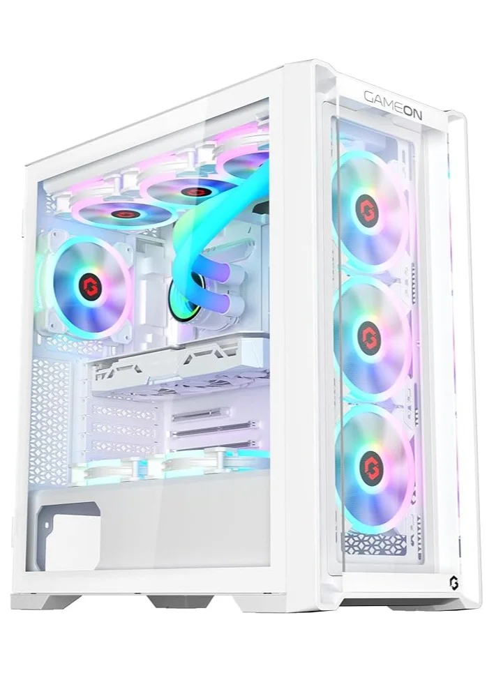 GAMEON Vortex Arctic Mid Tower PC Gaming Case (White, 0.8mm Tempered Glass) with 4 Pre-installed ARGB PWM Cooling Fans 4xx66