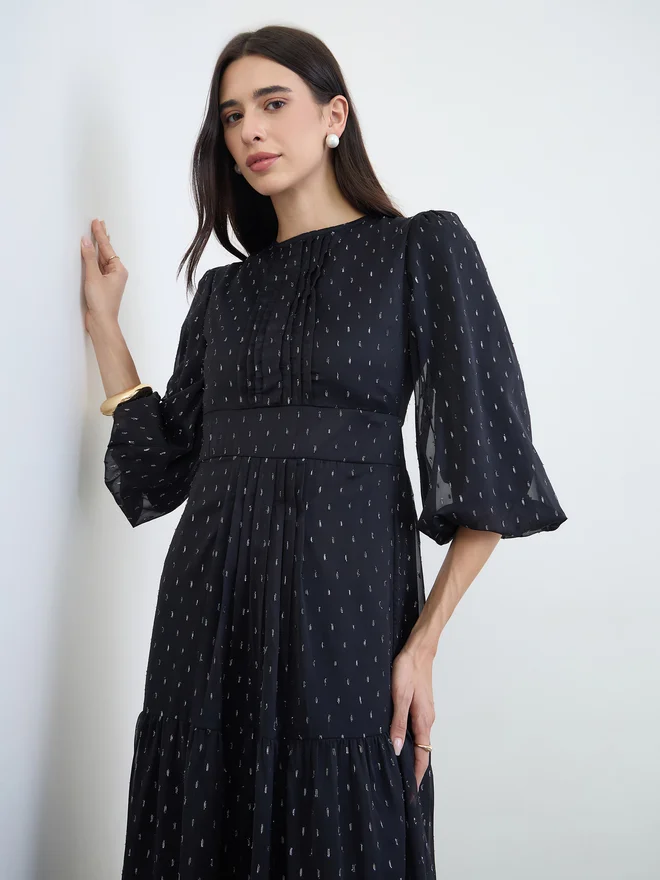 Styli Black Lurex Dobby Tiered Maxi Dress with 3/4 Sleeves (Elegant Evening Wear for Women) qjrhg