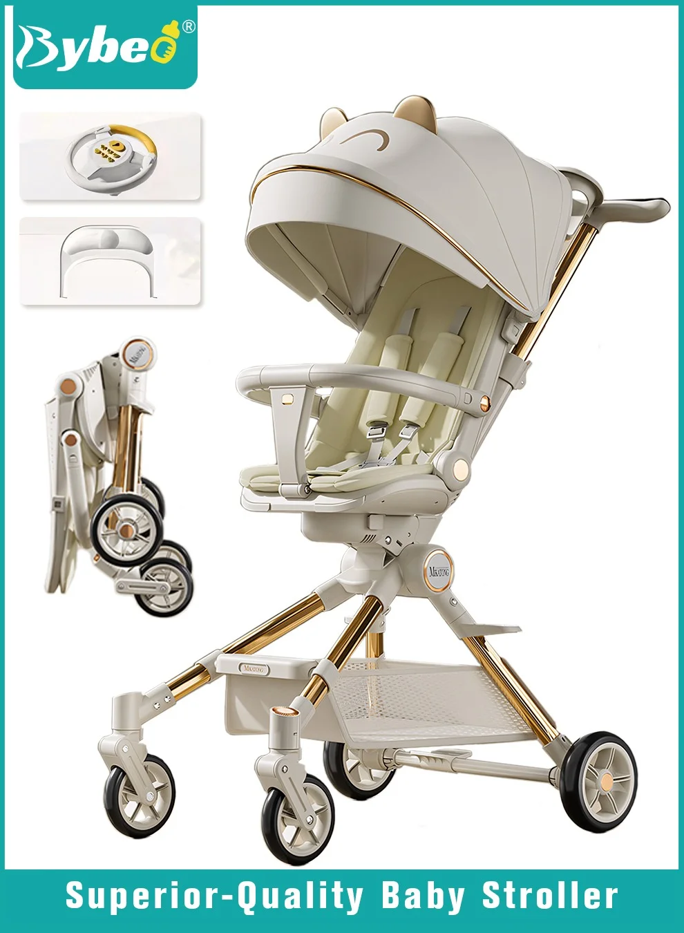 Bybeo Lightweight Baby Stroller Multifunctional Travel Cabin with Reversible Seat and Steering Wheel Toy (One-Hand Folding, Newborn to Kids) 08esp