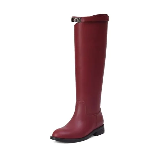 Premium Knee High Riding Boots for Women Faux Leather Motorcycle Style with Silver Buckle (Red, Size 36) 5swzf