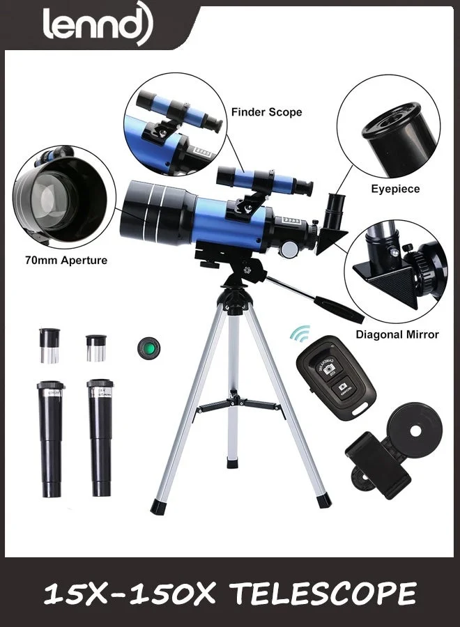 LENND Portable Refractor Telescope 70mm Aperture 300mm Focal Length (15X-150X) Astronomy Set with Smartphone Adapter and Wireless Remote for Beginners g2zgq