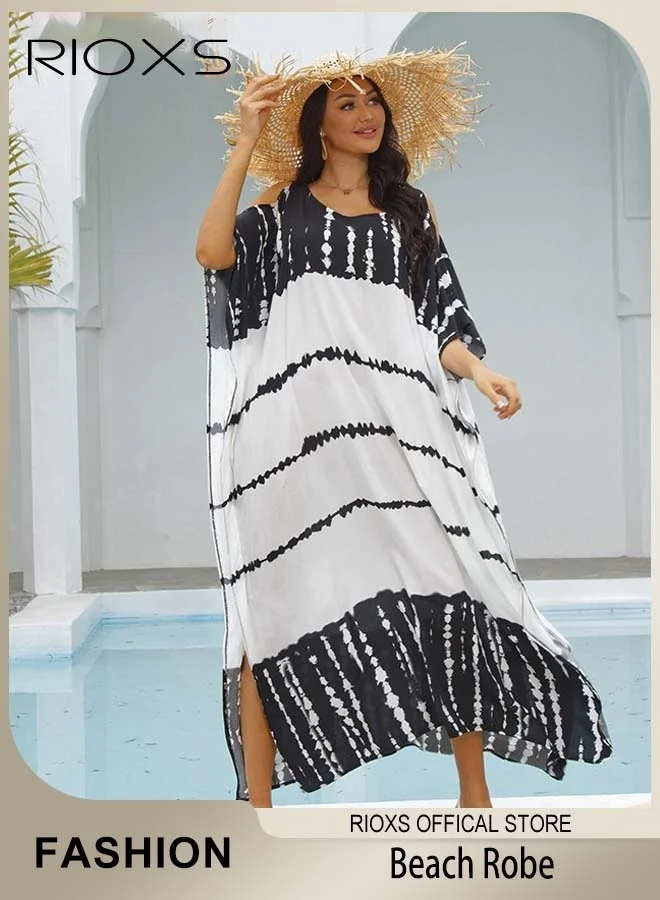 RIOXS Women's Cold Shoulder Kaftan Dress, Lightweight Boho Maxi Beach Cover Up, Loose Fit Batwing Sleeve Swimwear Cover Up for Summer Vacation (One Size) wld7n