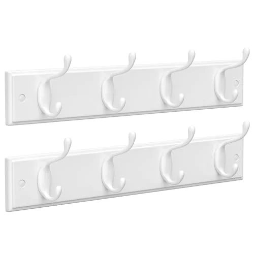 Wall-Mounted Coat Rack Set with 8 Dual Metal Hooks for Entryway and Bedroom (White, 2-Pack) 9gedi