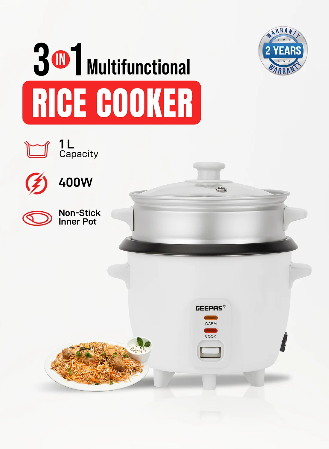 Geepas Multifunction Rice Cooker with Non-Stick Pot and Tempered Glass Lid (White, 1 L) fmxmq
