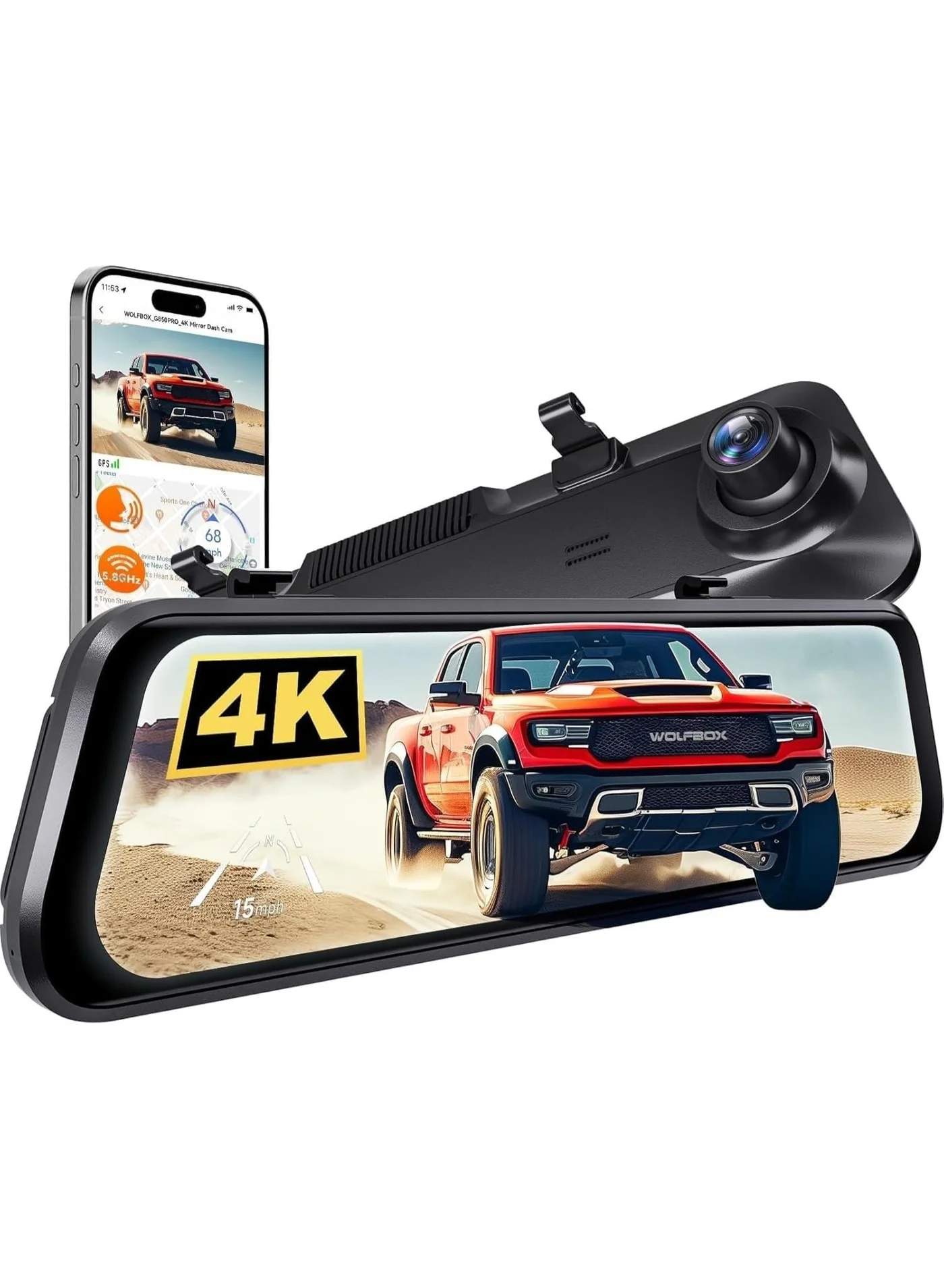 Premium 4K Rear View Mirror Dash Cam with 12-inch Touchscreen, GPS, ADAS, BSD, 5.8GHz WiFi, and 64GB Storage (12-inch) t8r76