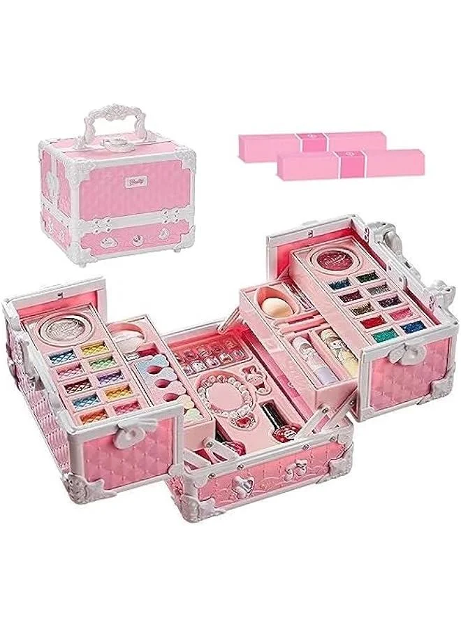 Beauenty Kids Makeup Kit Washable Cosmetic Set with Portable Vanity Case for Girls (Pink, 1 Set) 1ht00