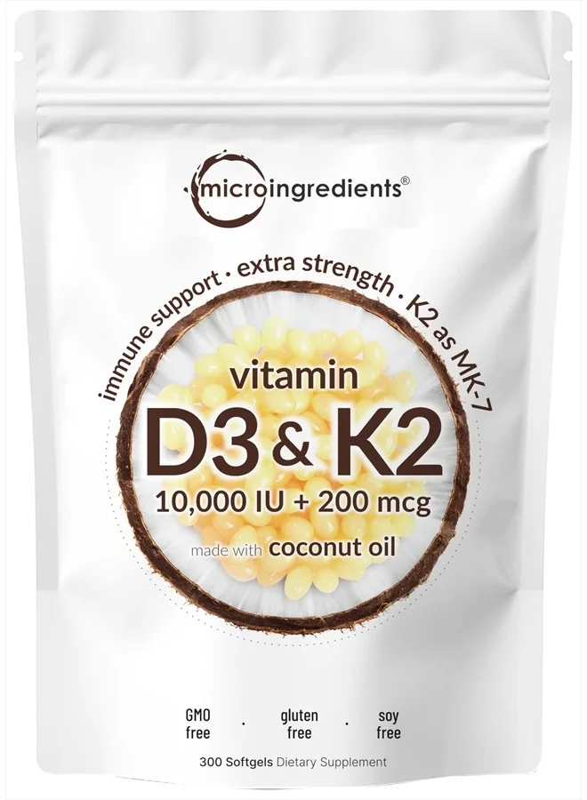 Micro Ingredients Vitamin D3 & K2 Supplement (10,000 IU + 200 mcg) 300 Softgels u9zk1