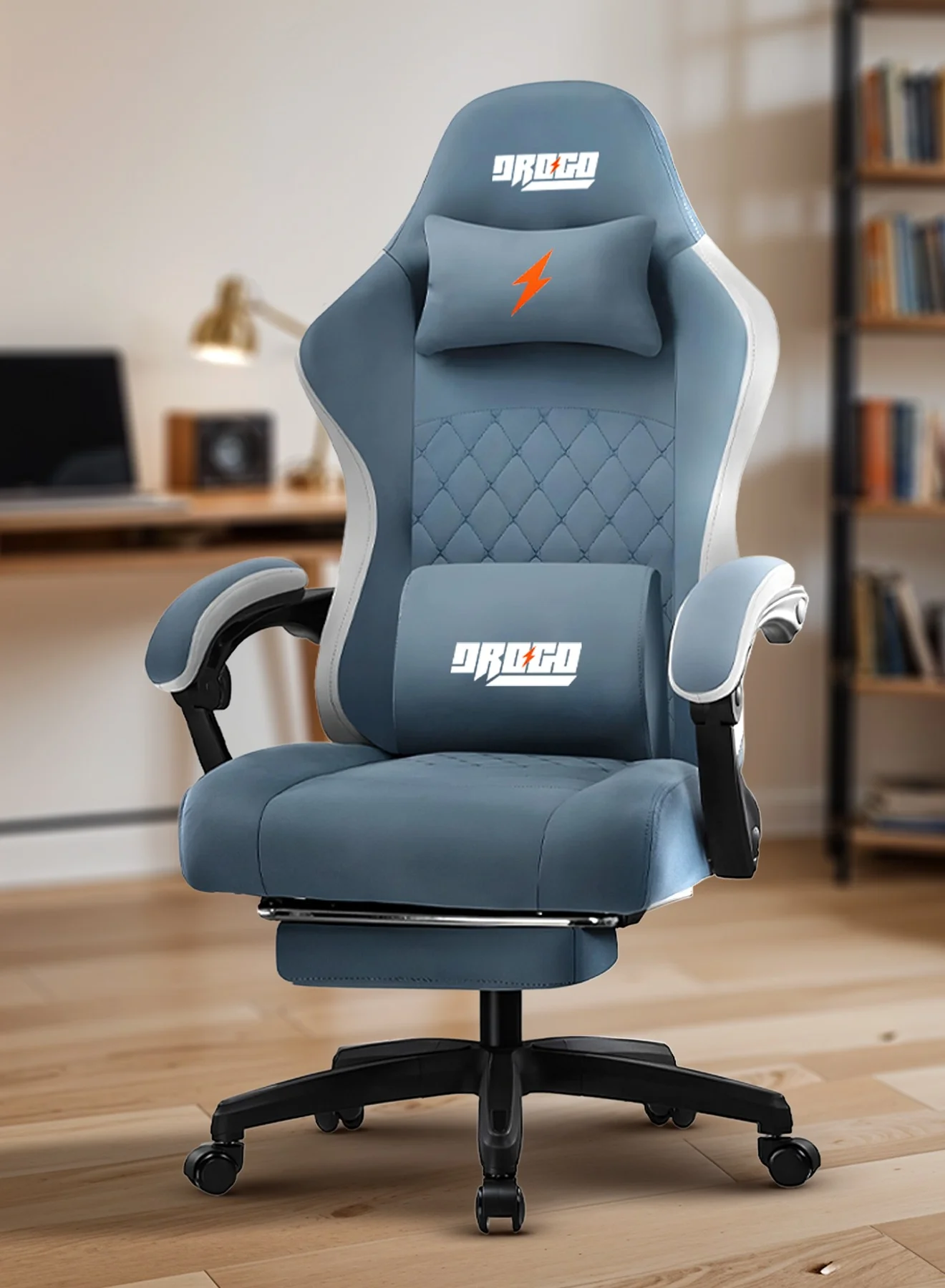 DROGO Ergonomic Gaming Chair with Footrest and Massager Lumbar Pillow, Adjustable Reclining Computer Chair for Home and Office (Light Blue) njisj